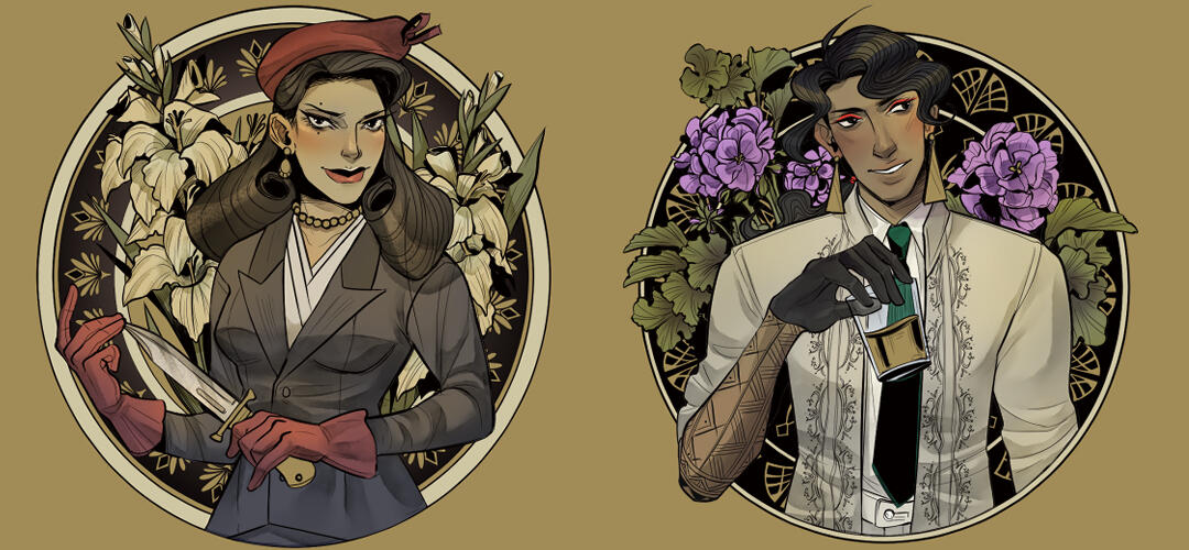 Becca and Isko, from my comic, Robust Heat. These were designed to be 3" x 3" stickers on brushed gold vinyl.